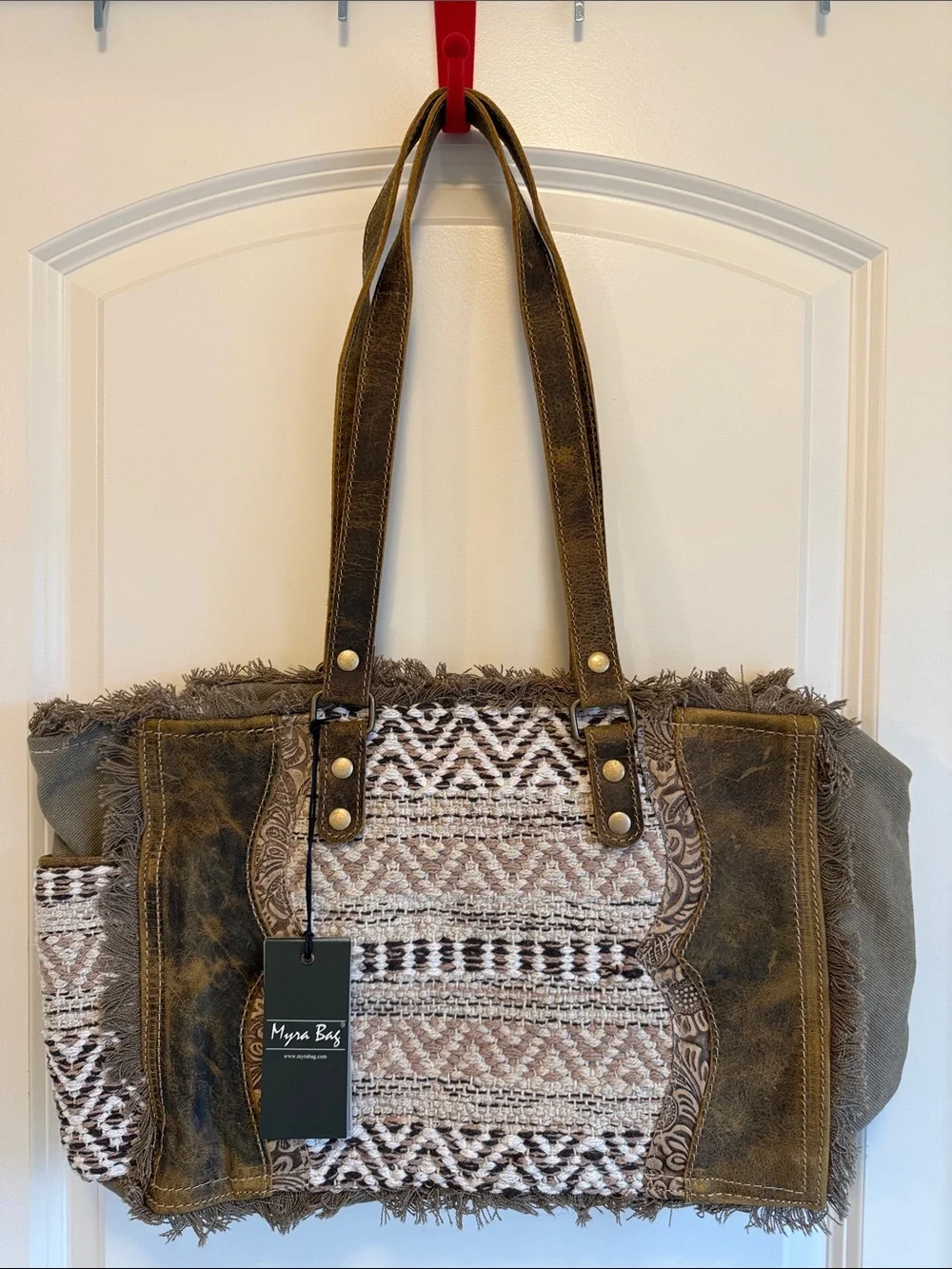 Myra Bag Brown & Cream Woven Tribal Tote - Picture 1 of 12